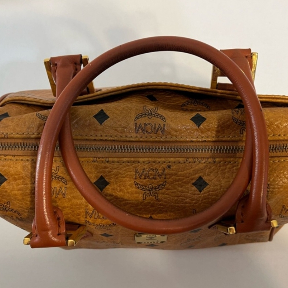 MCM Cognac Monogram Satchel with Brown Leather Trim and Gold Hardware - Picture 7 of 14